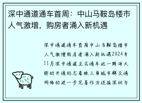 深中通道通车首周：中山马鞍岛楼市人气激增，购房者涌入新机遇