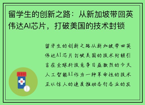 留学生的创新之路：从新加坡带回英伟达AI芯片，打破美国的技术封锁