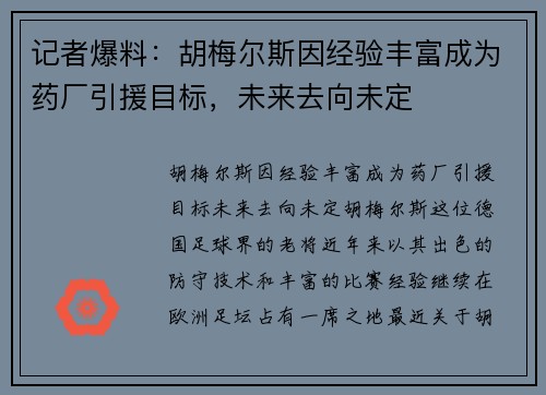 记者爆料：胡梅尔斯因经验丰富成为药厂引援目标，未来去向未定