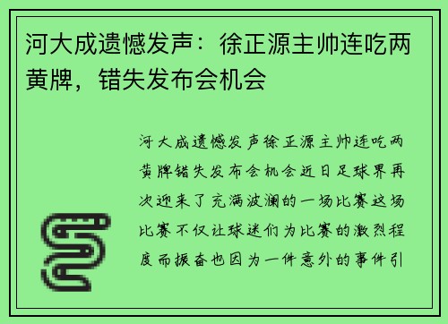 河大成遗憾发声：徐正源主帅连吃两黄牌，错失发布会机会